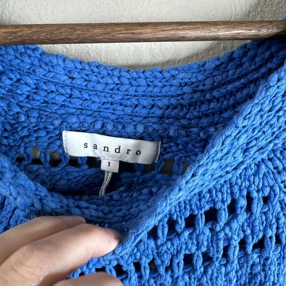 Sandro Sweater Women 1 Blue Open Knit Short Sleeve Cotton Pretty Spring Casual S - Picture 5 of 11
